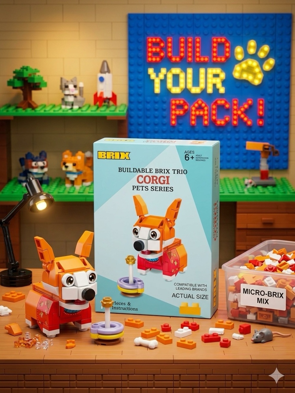 Buildable Brix Trio Corgi - Orange Toy for Dogs (Pets Series)